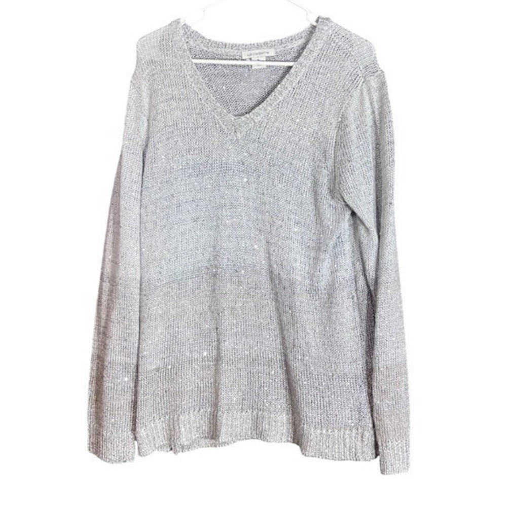 Liz Claiborne Womens Size XL V Neck Sweater Silver Sequin Knit Sparkly Chic - Picture 2 of 8